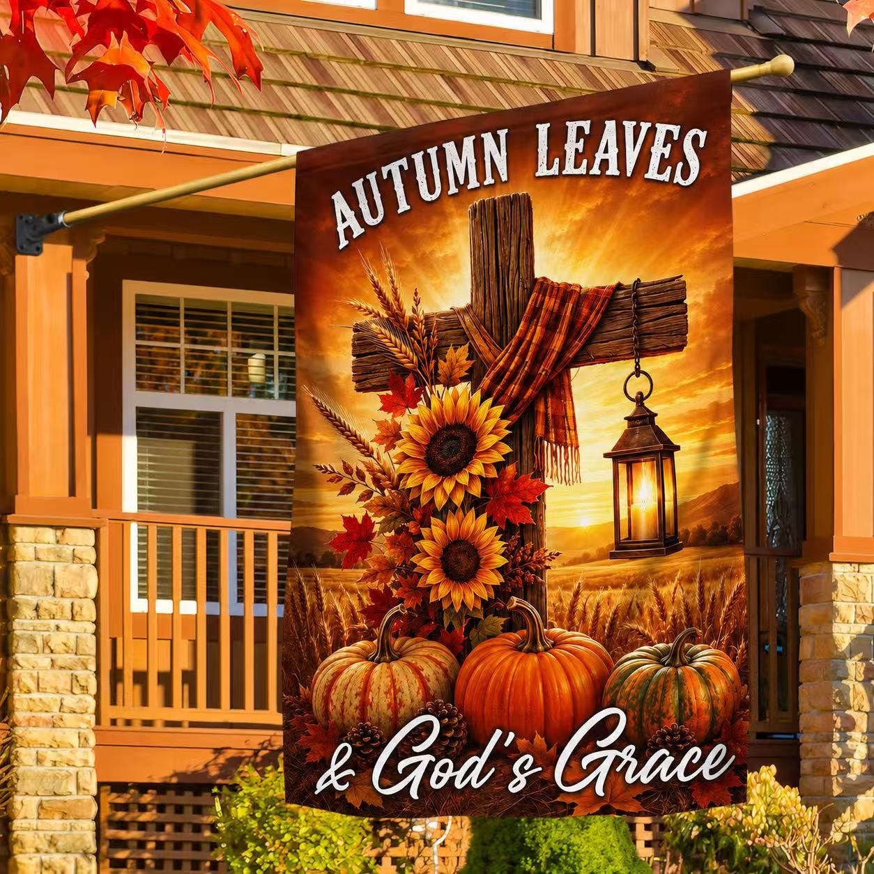 Fall Thanksgiving Christian Cross Flag Autumn Leaves & God’s Grace Pumpkins Harvest Flag