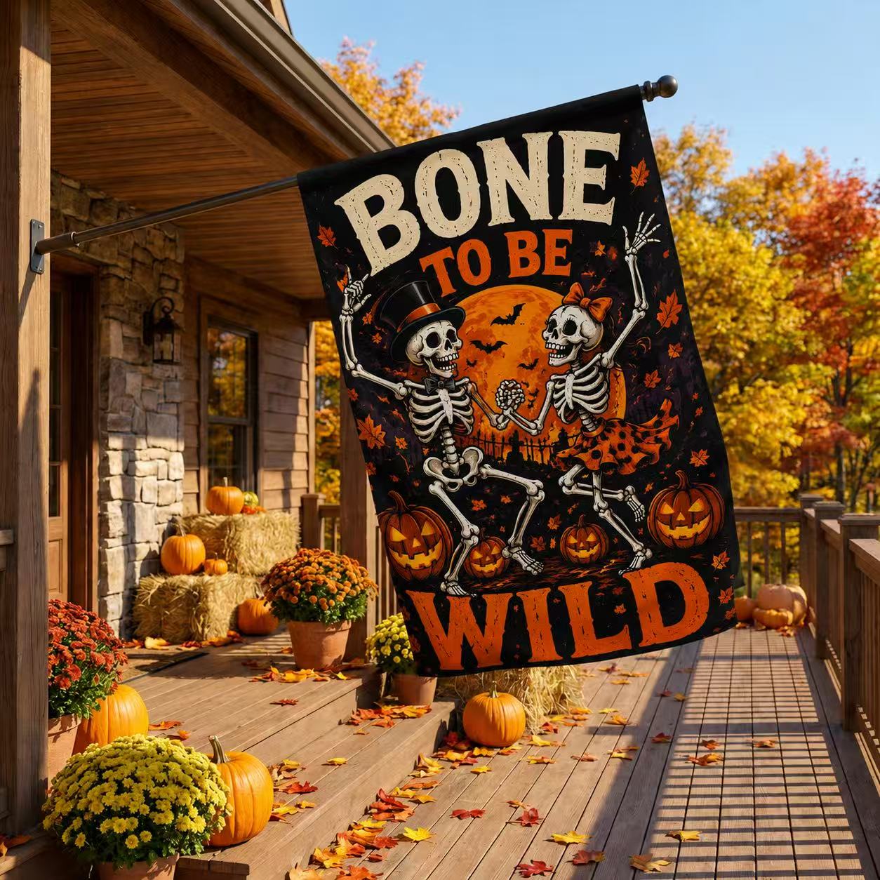 Bone to Be Wild Skeleton Couple Halloween Garden Flag