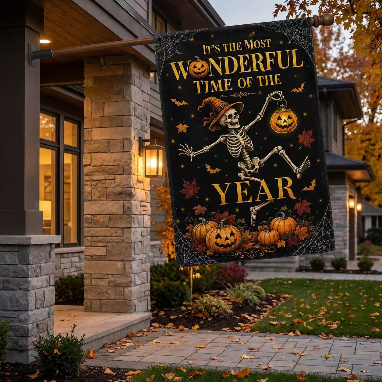 It’s the Most Wonderful Time of the Year Skeleton Halloween Garden Flag