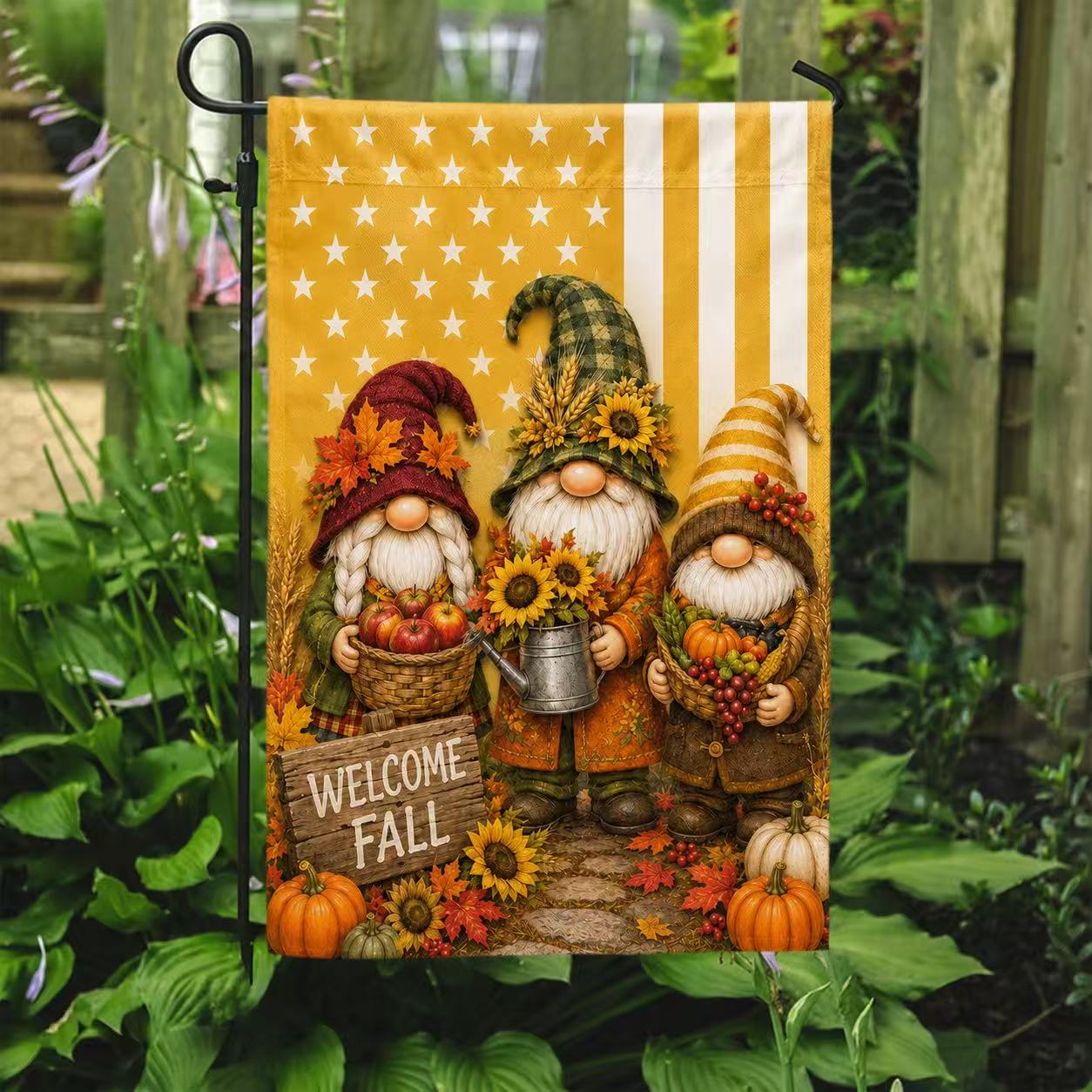 Welcome Fall Harvest Gnome Pumpkin House Flag