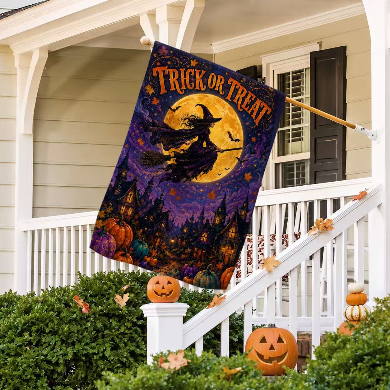 Halloween Trick or Treat Flying Witch Full Moon Garden Flag