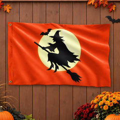 Halloween Witch Flag, Spooky Full Moon Flying Witch Grommet Flag