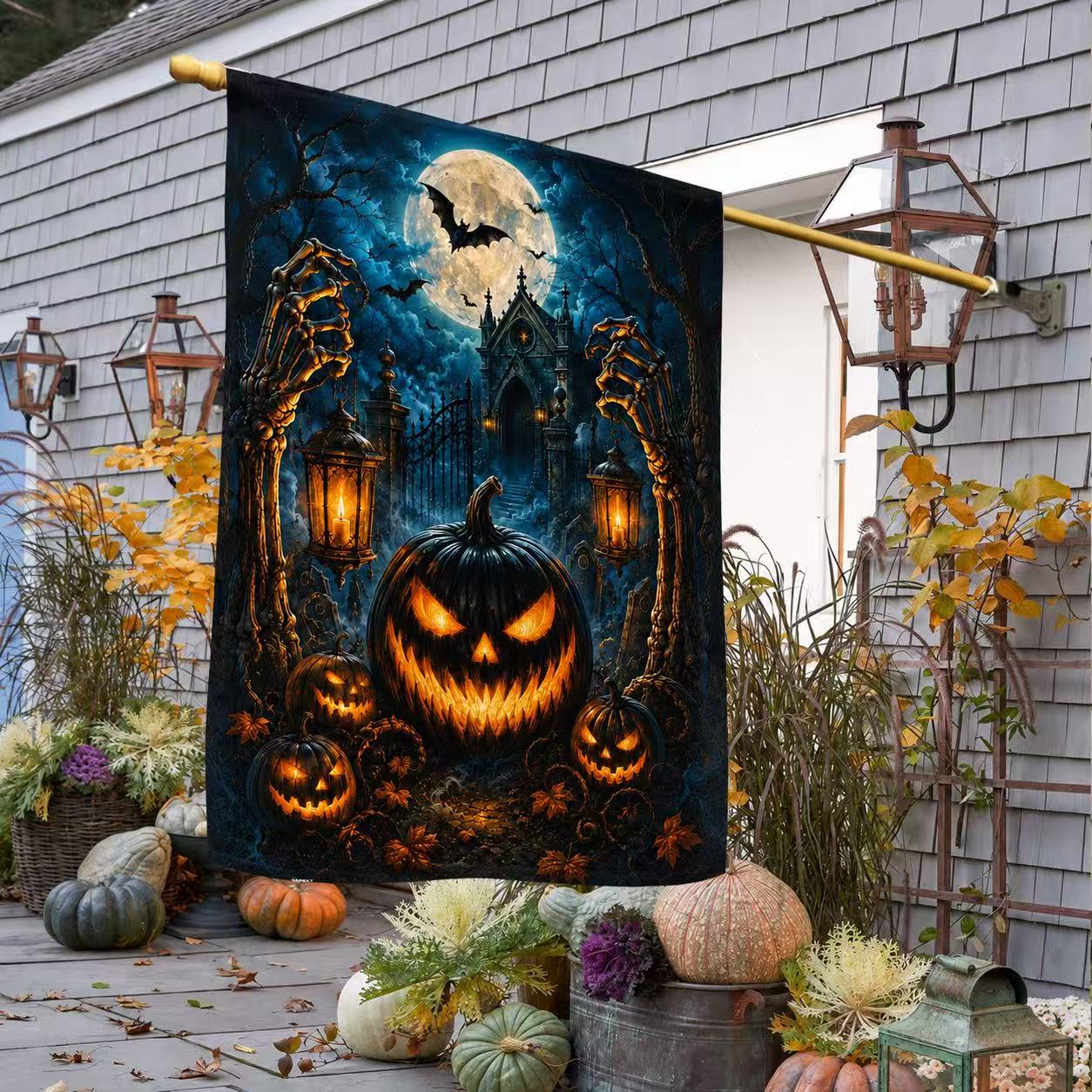 Halloween Skeleton Hands Jack-o’-Lantern Haunted House Garden Flag
