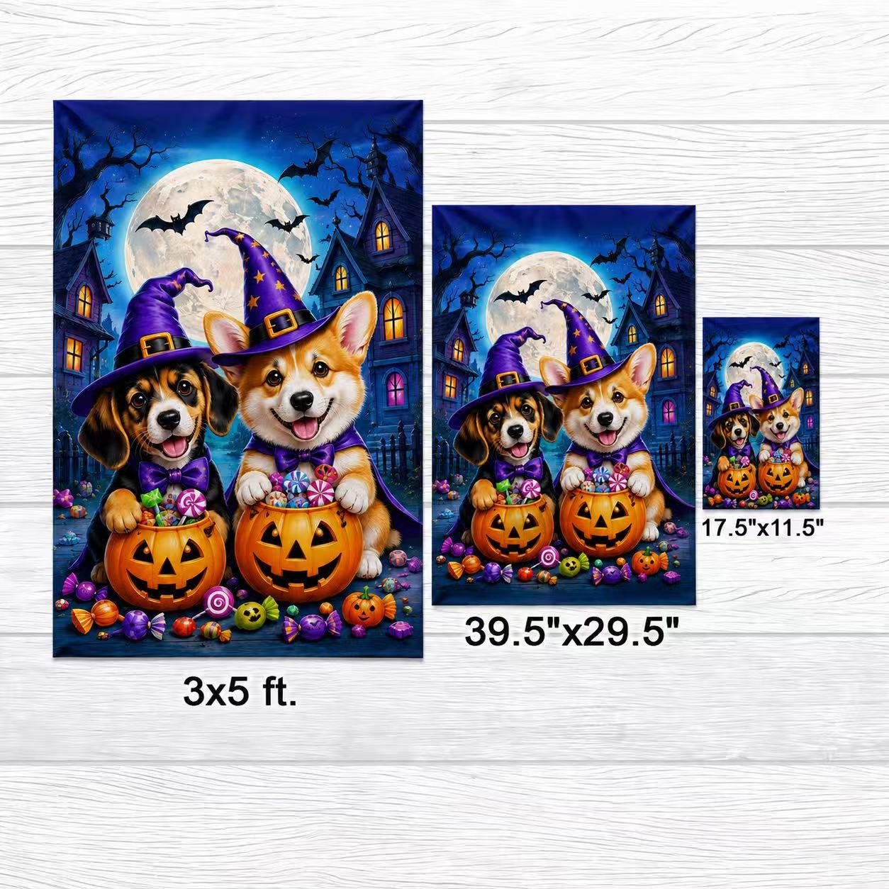 Halloween Cute Witch Dogs Pumpkin Candy Full Moon Garden Flag