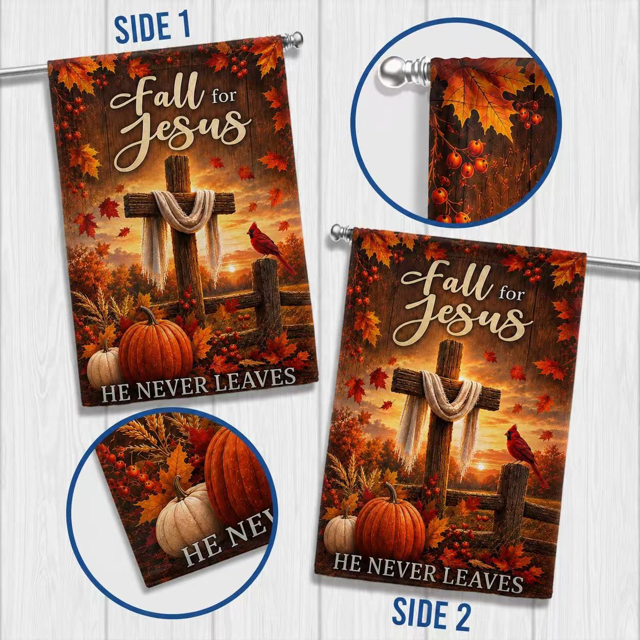 Fall For Jesus He Never Leaves Autumn Maple Leaf Cross Christian US Flag