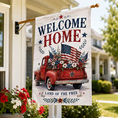 Welcome Home Land of the Free Patriotic Red Truck Flag