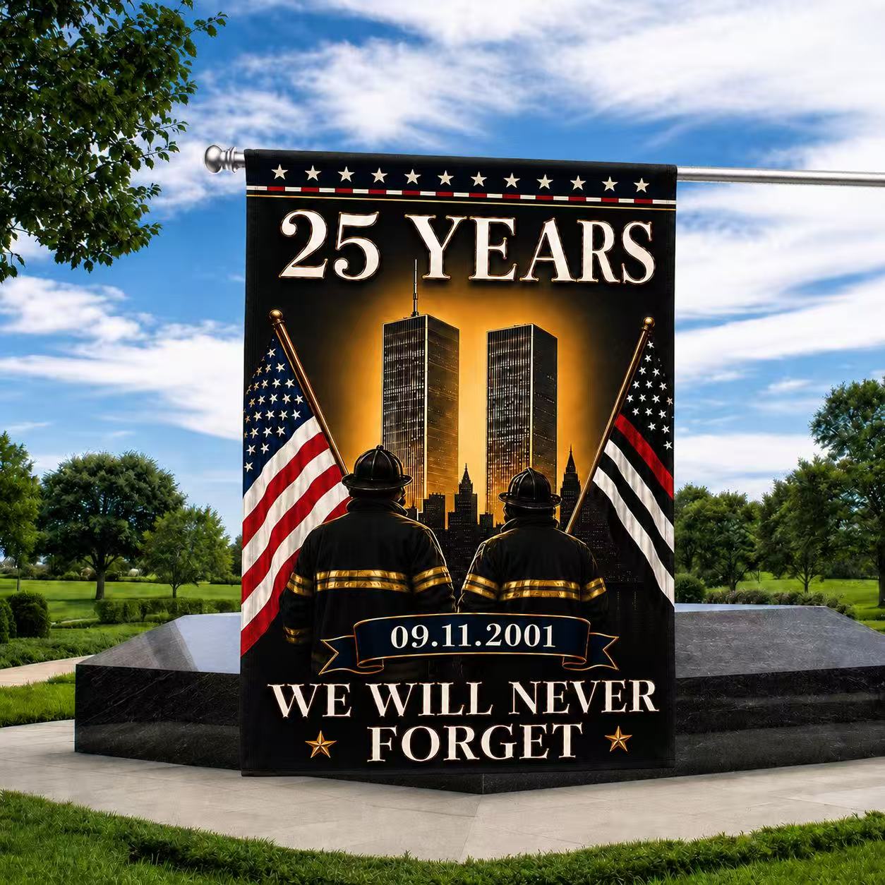 Patriot Day 25th Anniversary 9/11 Memorial Flag – We Will Never Forget Firefighter Tribute
