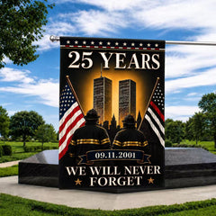 Patriot Day 25th Anniversary 9/11 Memorial Flag – We Will Never Forget Firefighter Tribute
