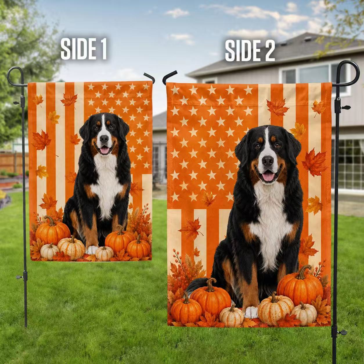 Bernese Mountain Dog Welcome Fall Pumpkins American Flag for Fall Decoration