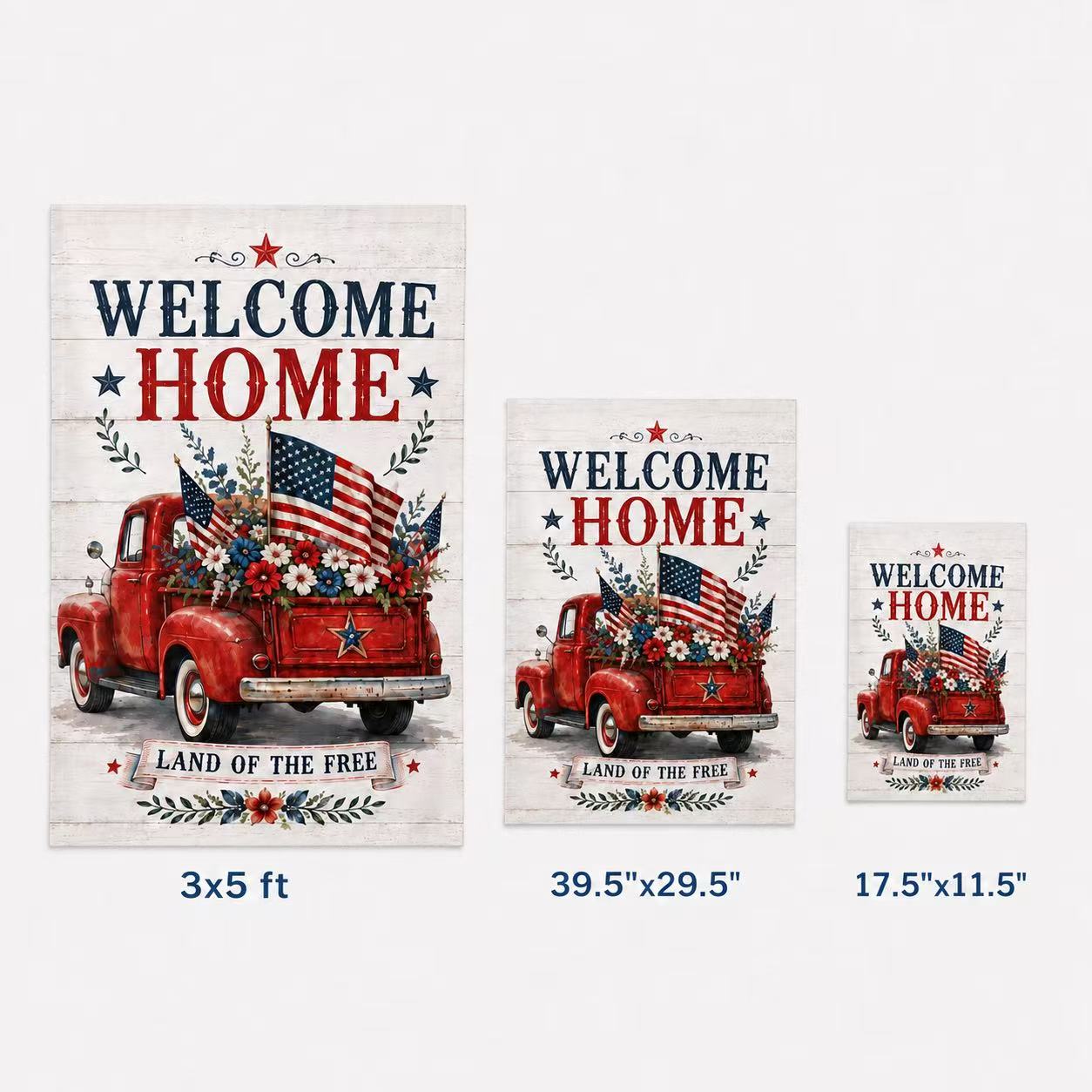 Welcome Home Land of the Free Patriotic Red Truck Flag