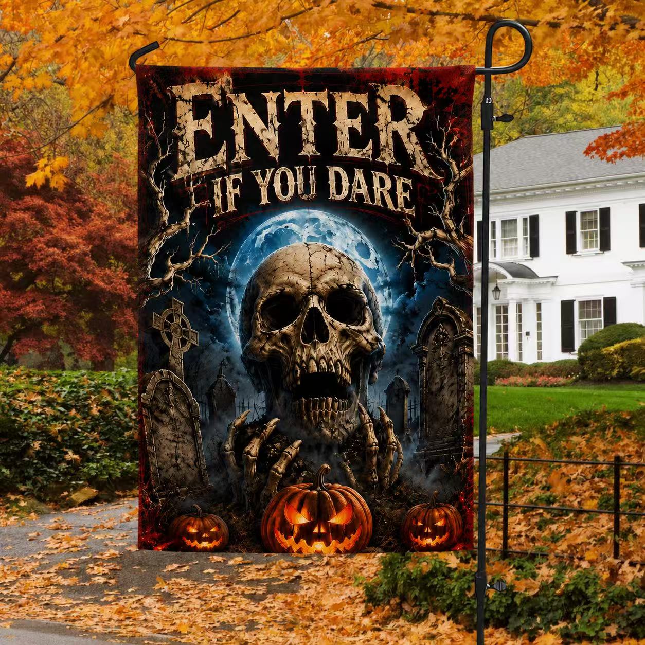 Halloween Enter If You Dare Skull Graveyard Pumpkin Garden Flag