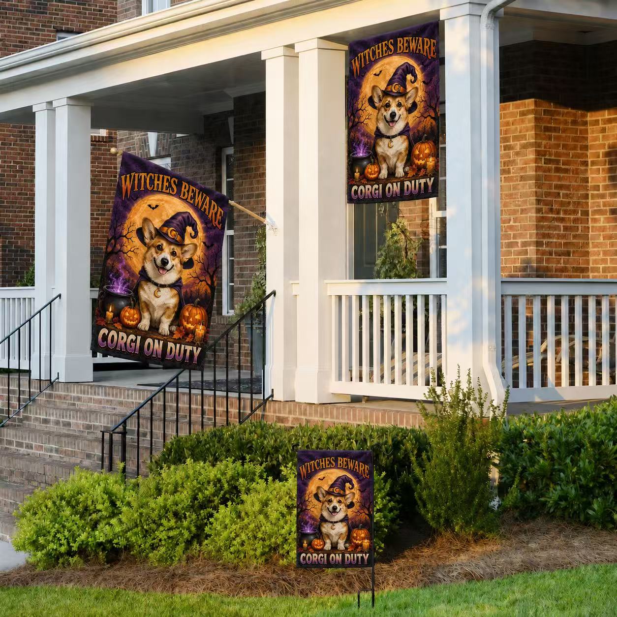 Witches Beware Corgi on Duty Halloween Garden Flag
