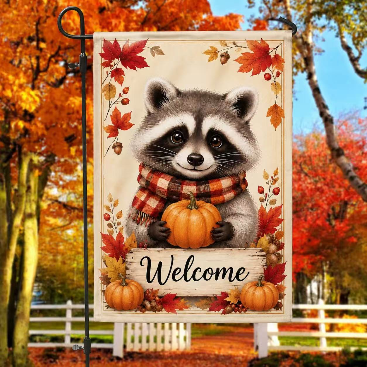 Welcome Fall Cute Raccoon Pumpkin Autumn Garden Flag