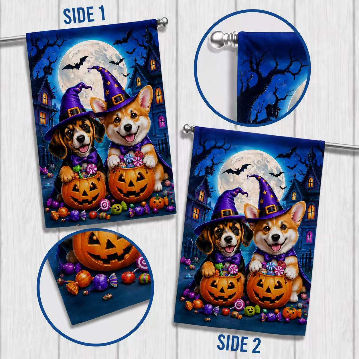 Halloween Cute Witch Dogs Pumpkin Candy Full Moon Garden Flag
