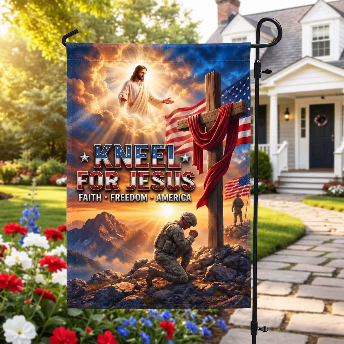 Veterans Day Kneel for Jesus Patriotic Garden Flag