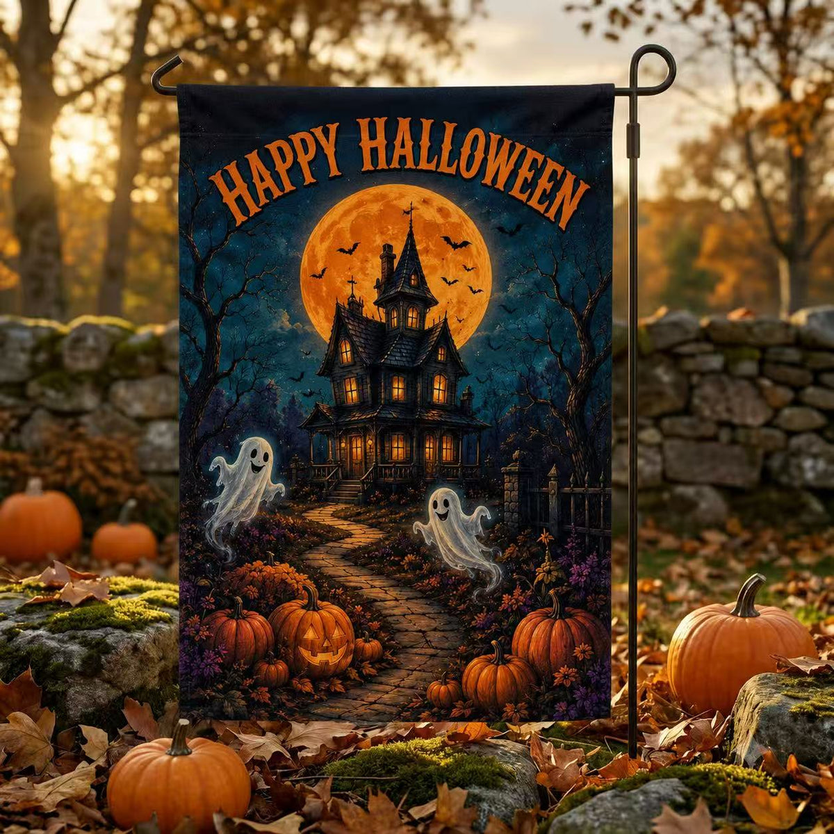 Happy Halloween Ghosts Haunted House Pumpkin Full Moon Garden Flag
