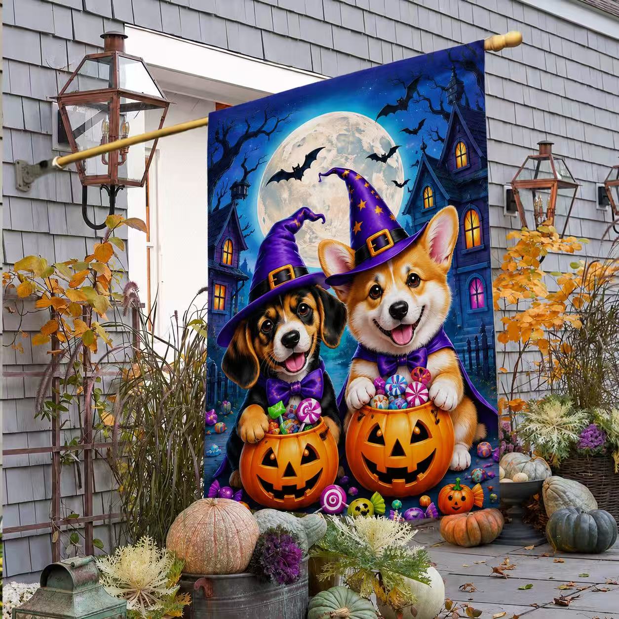 Halloween Cute Witch Dogs Pumpkin Candy Full Moon Garden Flag