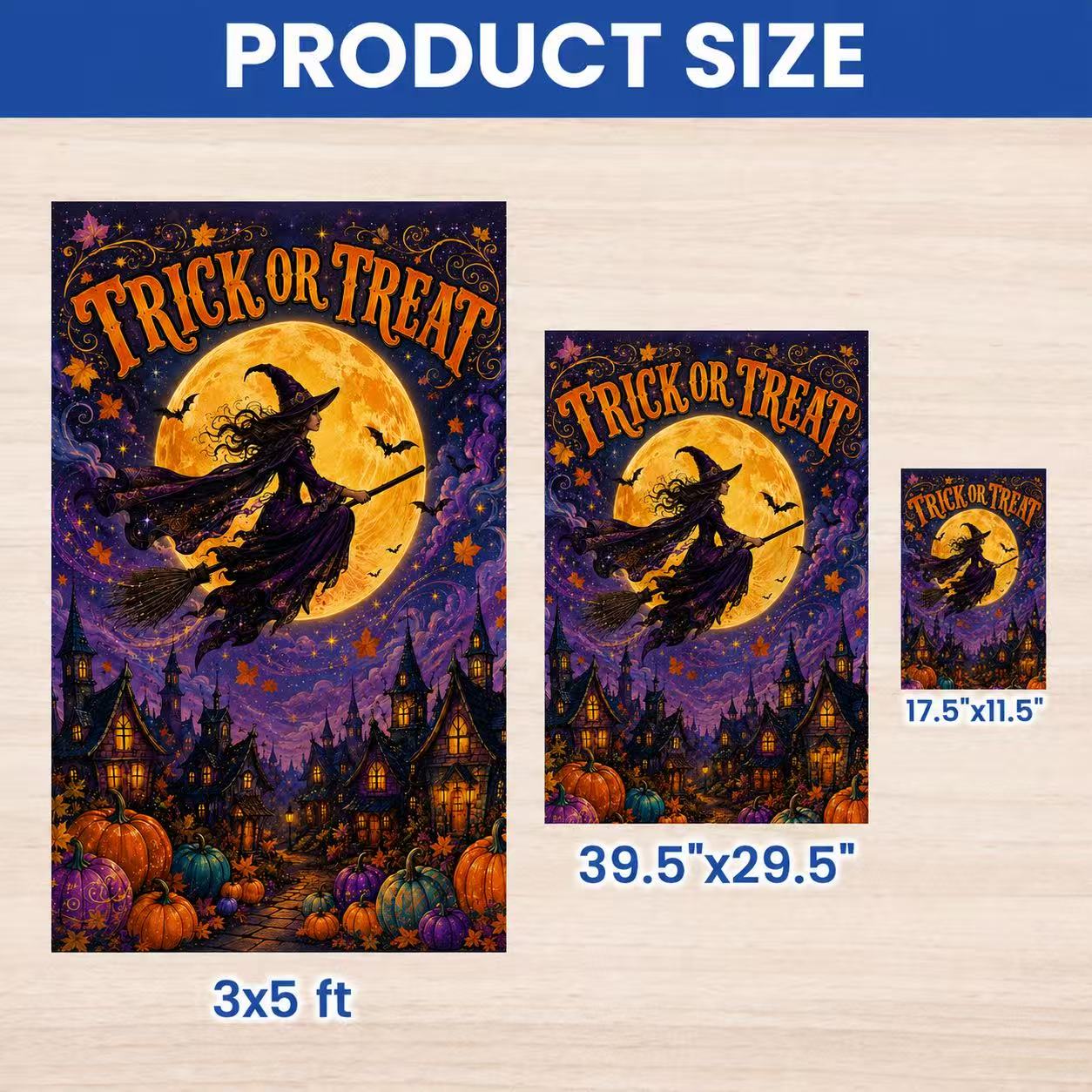 Halloween Trick or Treat Flying Witch Full Moon Garden Flag