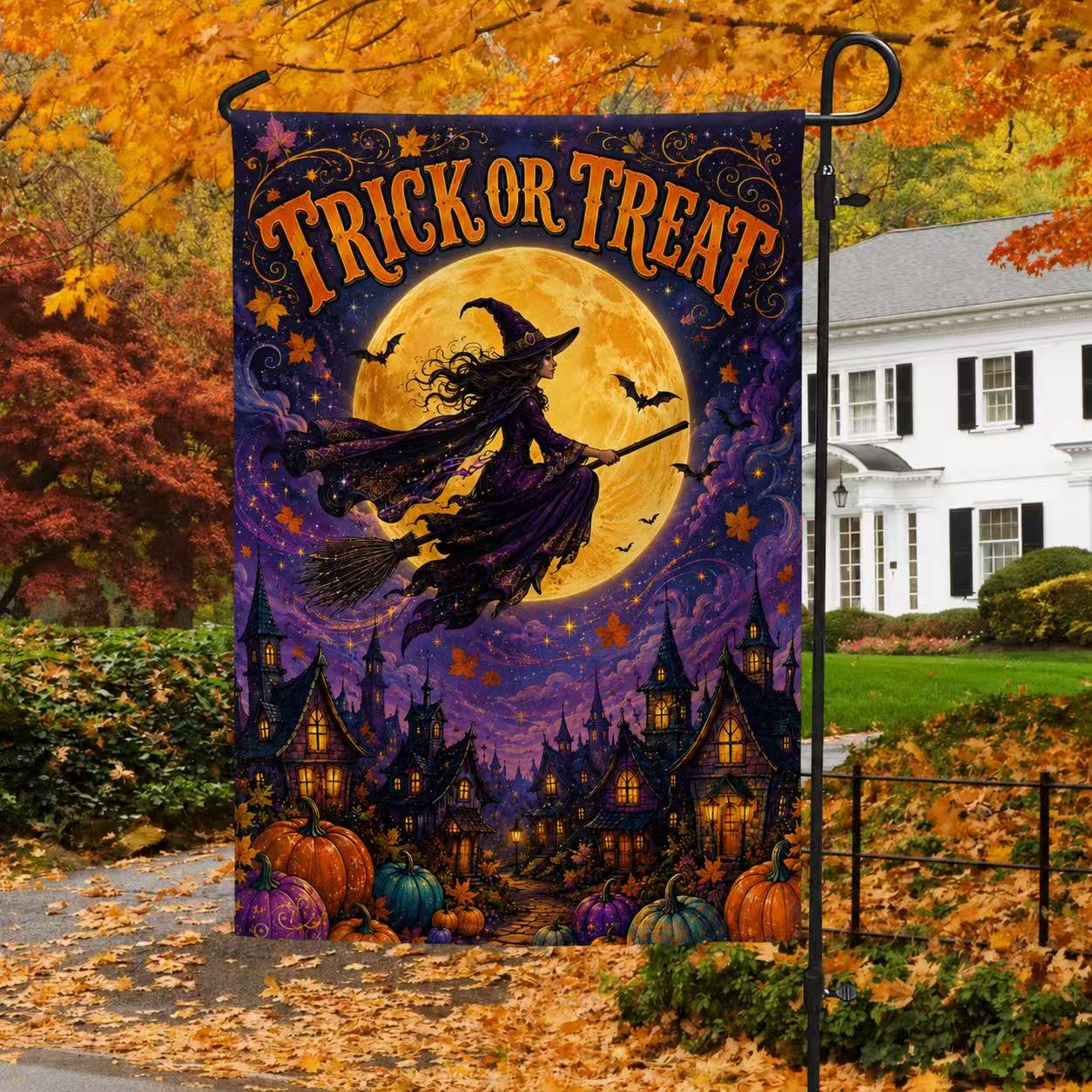 Halloween Trick or Treat Flying Witch Full Moon Garden Flag