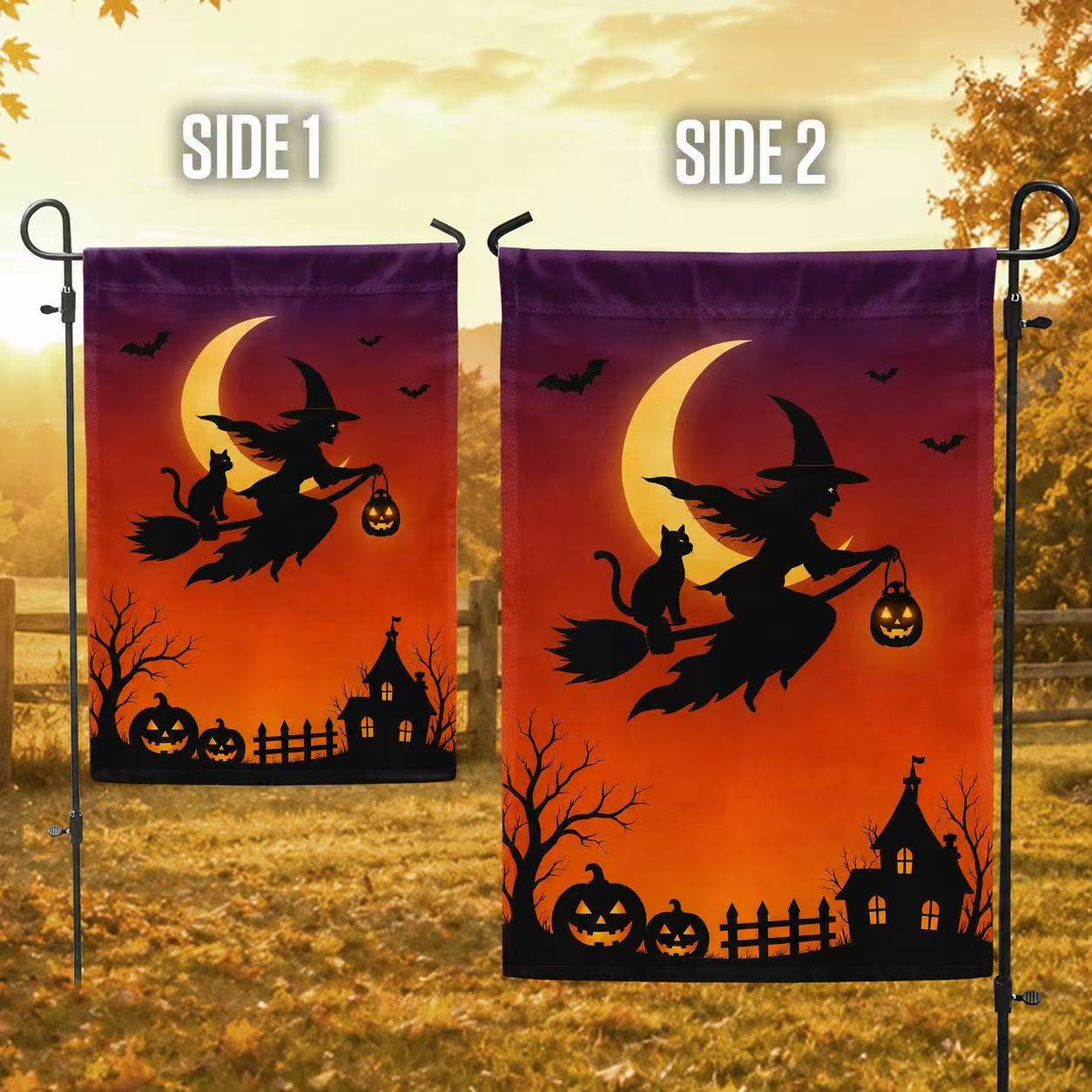 Halloween Witch and Black Cat Moonlight Garden Flag
