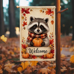 Welcome Fall Cute Raccoon Pumpkin Autumn Garden Flag