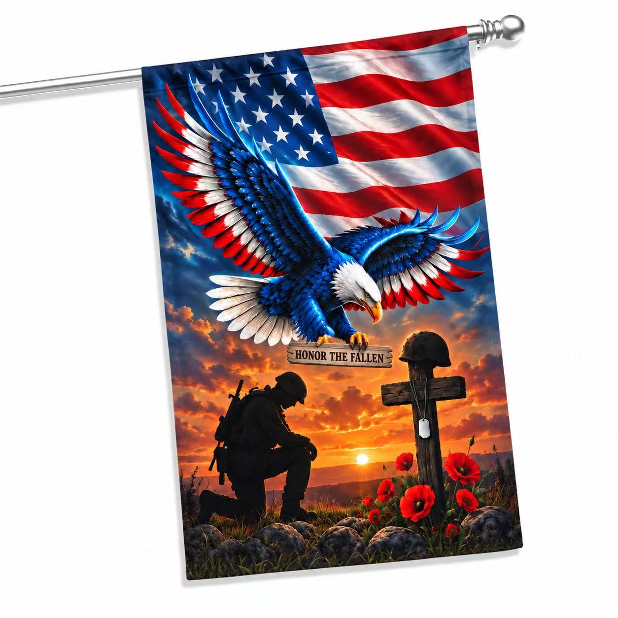 Veterans Day Flag. Veteran Kneeling Soldier Christian Cross We The People Flag