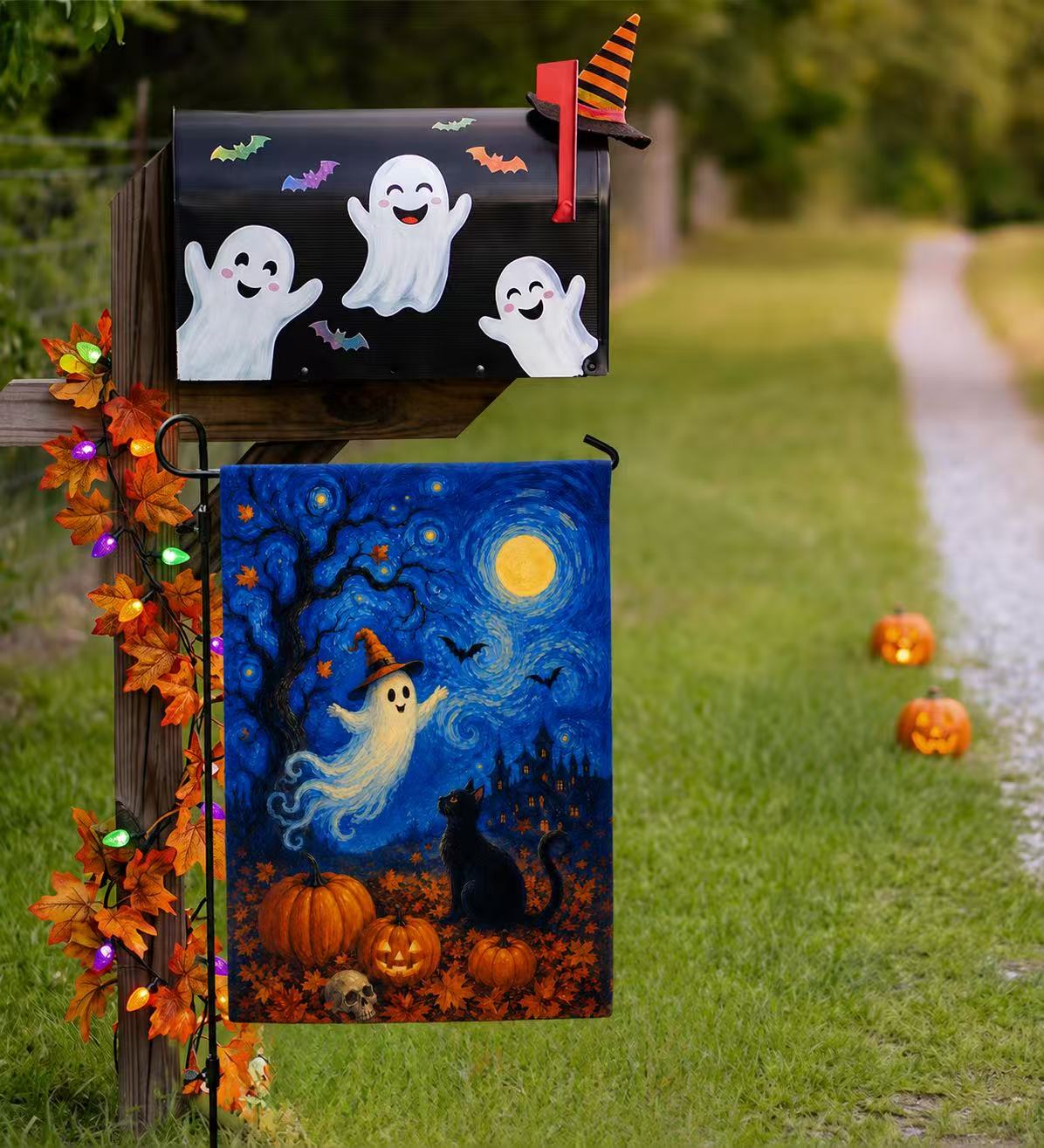 Halloween Starry Night Ghost Black Cat Pumpkin Garden Flag