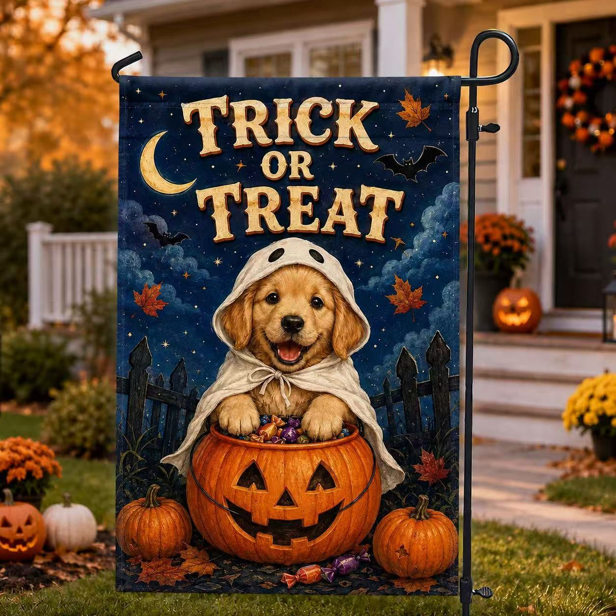 Cute Golden Retriever Trick or Treat Halloween Garden Flag