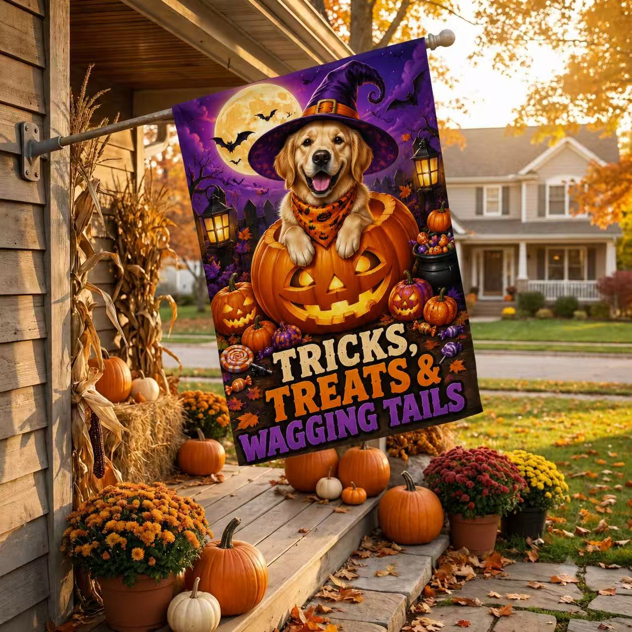 Golden Retriever Pumpkin Halloween Garden Flag