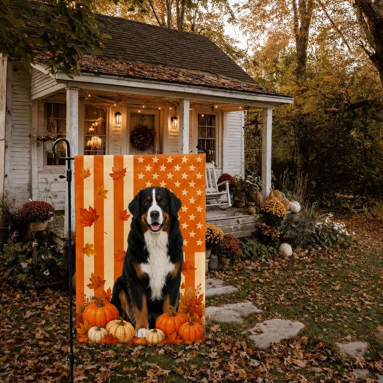 Bernese Mountain Dog Welcome Fall Pumpkins American Flag for Fall Decoration
