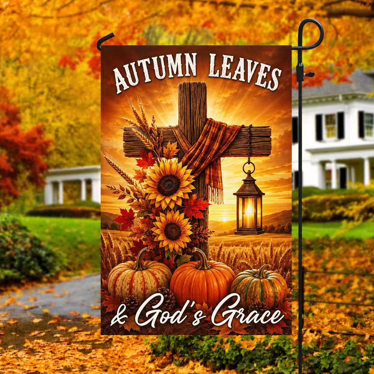 Fall Thanksgiving Christian Cross Flag Autumn Leaves & God’s Grace Pumpkins Harvest Flag