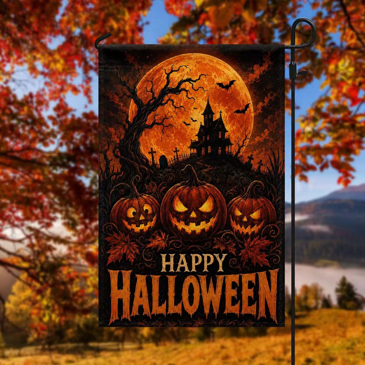 Happy Halloween Jack-o’-Lantern Haunted House Full Moon Garden Flag