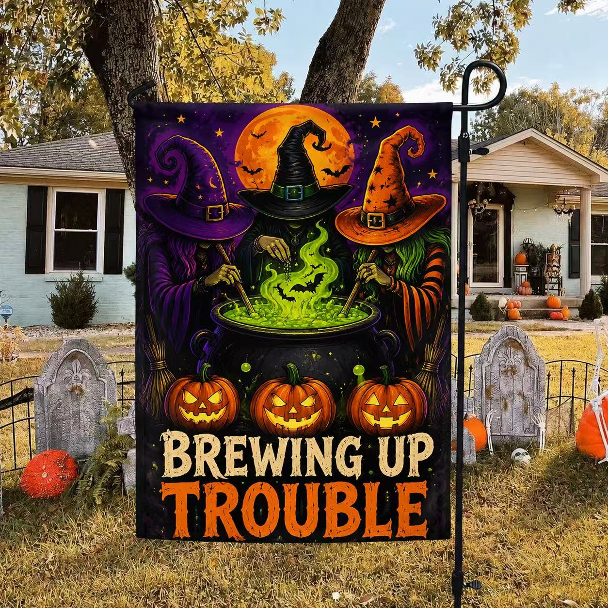 Brewing Up Trouble Witch Halloween Garden Flag