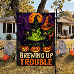 Brewing Up Trouble Witch Halloween Garden Flag
