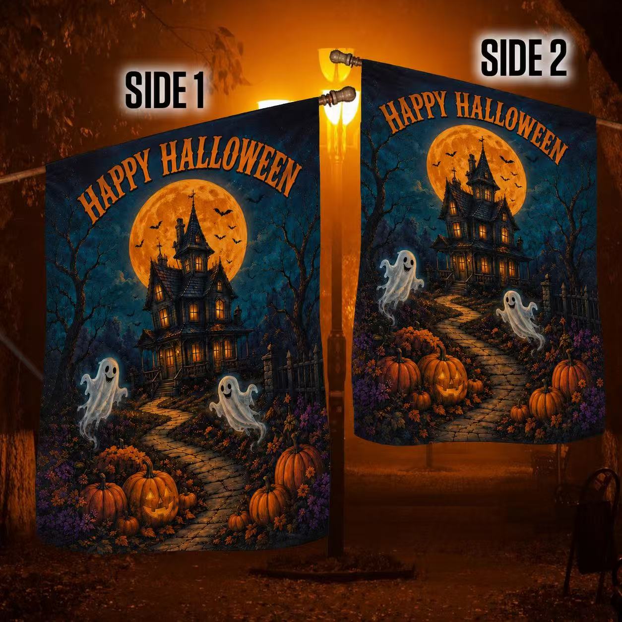 Happy Halloween Ghosts Haunted House Pumpkin Full Moon Garden Flag