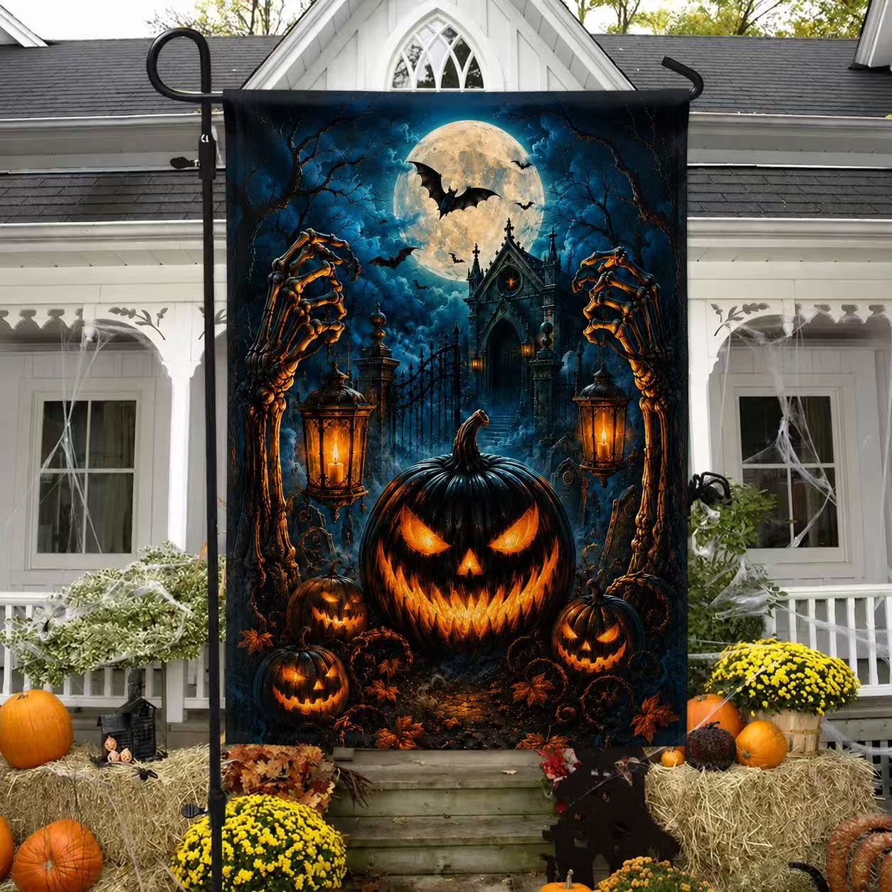 Halloween Skeleton Hands Jack-o’-Lantern Haunted House Garden Flag