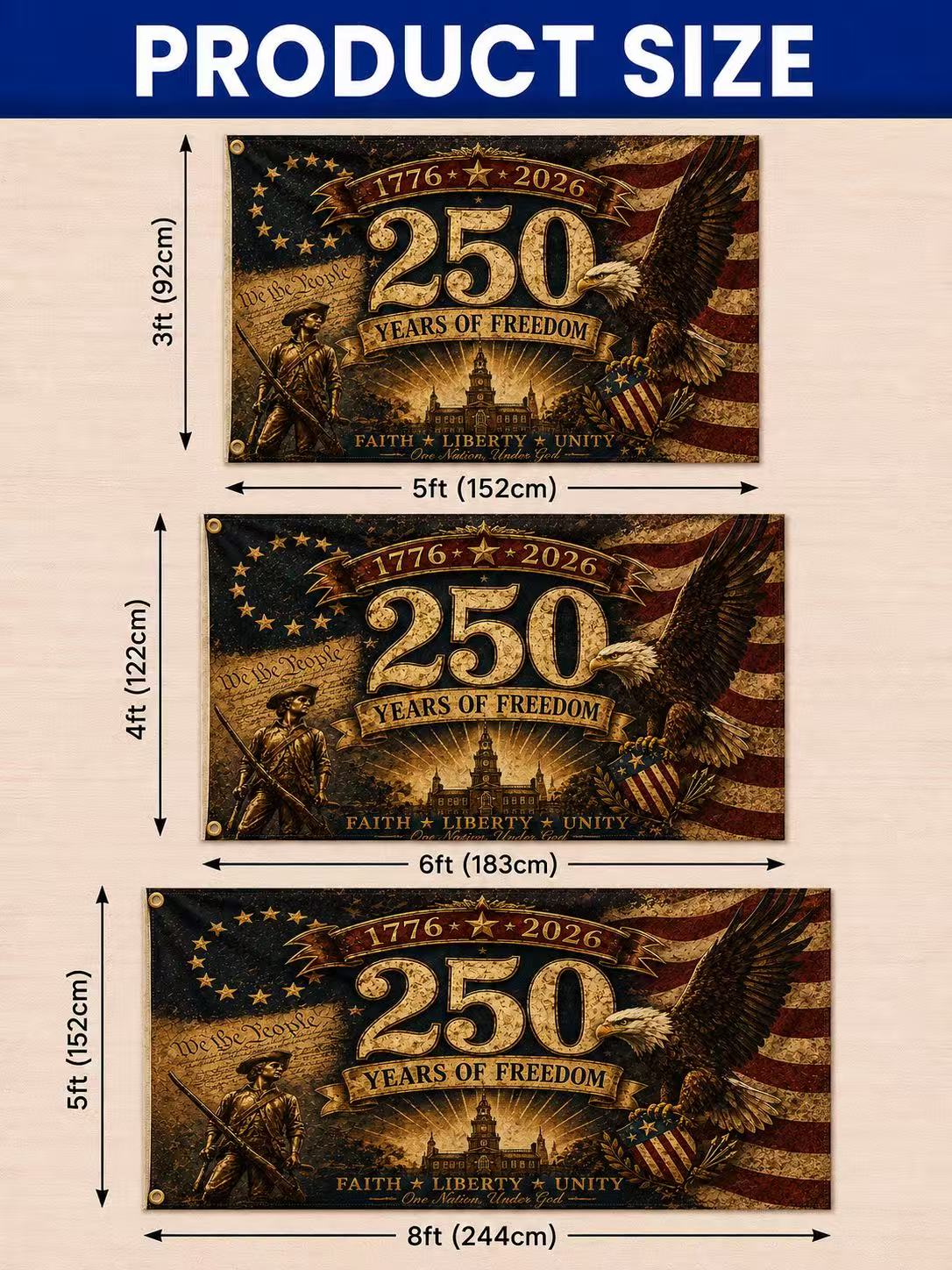 America 250 Years of Freedom Faith Liberty Unity Flag – 1776–2026 Patriotic Vintage USA Flag